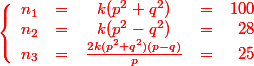 \red \left\{ \begin{array}{rcccr}n_1 & = & k(p^2+q^2) & = & 100\\ n_2 & = & k(p^2-q^2) & = & 28\\n_3 & = & \frac{2k(p^2+q^2)(p-q)}{p} & = & 25\end{array}\right.